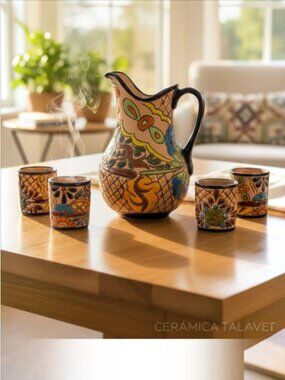 ALONDRA'S IMPORTS -- Talavera Pitcher & 4 Tumblers, Authentic Mexican Pottery